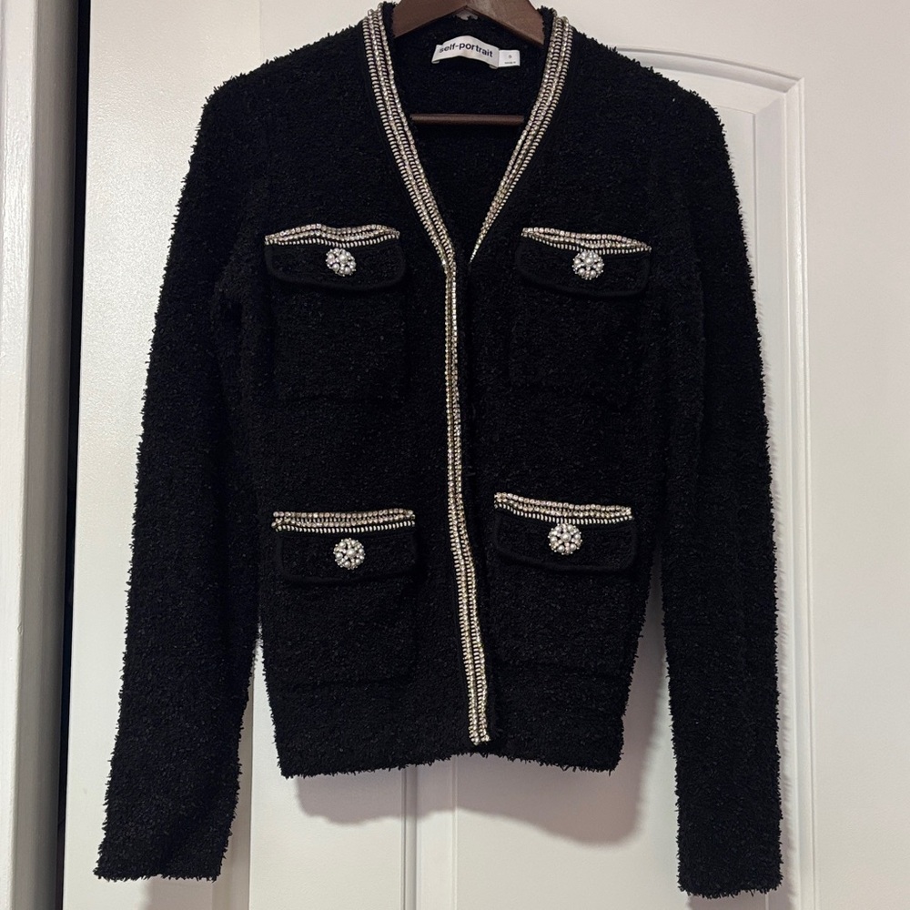 Self-Portrait Black Textured Blazer with Silver Trim